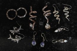 A collection of ladies silver 925 - Sterling earrings to include Sharks, Creole, Snakes,
