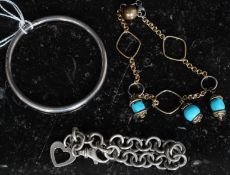 A Chinese style gilded silver and turquoise set bracelet together with a silver hallmarked bangle