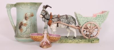 Continental Majolica china - large goat & cart group, Dolphin dish and dog jug.