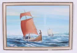 Peter Stuckey - 20th century - large oil on canvas painting of a seascape boat scene. Framed.