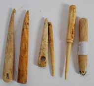 A collection of six 19th century sail Ivory and bone makers tools