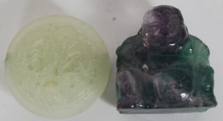 A water melon quartz figure of Buddha along with a carved Jade belt buckle / clasp