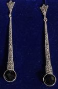 A pair of silver white metal and marcasite ' Art Deco ' style drop earrings.