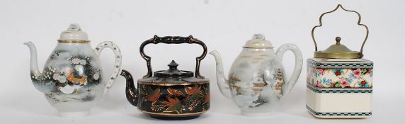 Three vintage tea pots to include a black and gilt Victorian Staffordshire tea pot along with two