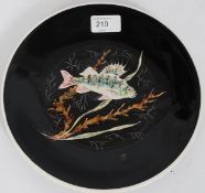 A pottery plate, painted with a Carp against a black ground,