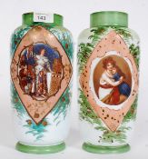 A near pair of late 19th / early 20th century Victorian hand painted glass vases - hand painted