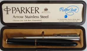 A Parker Duofold 14ct gold nib fountain pen together with a boxed stainless steel Parker Rollerball