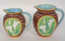 Two Victorian graduating majolica jugs by George Jones, pattern 5215,