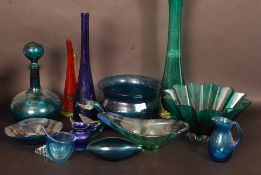 A collection of large pieces of 20th century decorative coloured studio glass vases and bowls etc.