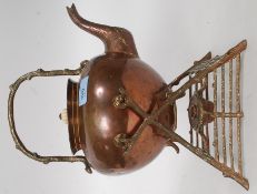 A Victorian 4pint copper spirit kettle hacing twig branch style stand with copper teapot having