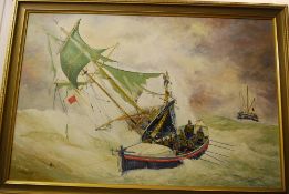 Caddick, A; 1984 ' Life Raft In Stormy Seas ' fabulous gouache painting of a stormy scene. Framed.