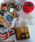 A collection of retro breweriana items to include several beer mats, Cocktail shaker,