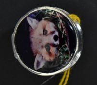 A 925 white metal silver and enamel set pill box with fox to the lid