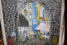 A large 20th century painting of a Spanish scene being set within frame and signed to the corner