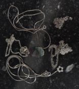 A collection of 5 silver ladies necklaces to include agate pendant, Forever pendant,