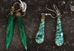 A pair of 9ct gold and malachite drop earrings together with a pair of lovenge shaped magnasite
