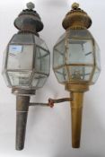 A pair of Edwardian brass and etched glass carriage lamps.