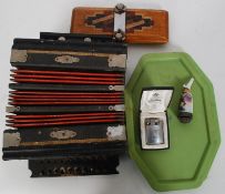 A vintage wooden tie press, retro pair of Telle trats, a squeeze box,
