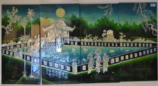 A collection of 4x 20th century lacquered oriental Chinese panels, painted with traditional scenes.