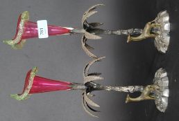 A pair of Victorian electroplate and cranberry glass epergne.