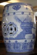 A 20th century Kang-Xi revival large blue and white ceramic barrel with applied transfer printed