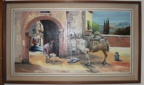 Caddick, A; 1973 ' Spanish Scene '  gouache oil painting of a Spanish town scene, with Donkey.