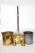 A good collection of brasswares to include a Victorian warmer with embossed rabbit decoration to