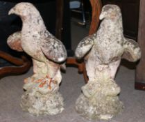 A pair of well weathered stone eagles raised on  naturalistic plinths with painted feet.