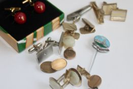 A collection of gentlemans cufflinks to include cricket ball pair, yellow metal mother of pearl,