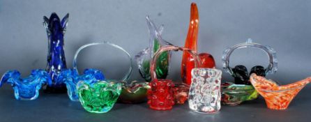 A collection of 14 pieces of studio glass to include blue glass vase, other vases etc.