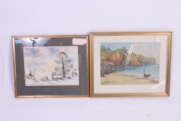 Brian E Day - 20th century - Partridges In The Snow - watercolour painting.