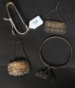 A collection of hallmarked silver items to include three decanter bottle labels (two marked Whisky,