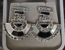 A white metal 925 silver art deco style opal and onyx earrings set