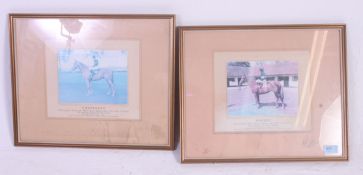 Two autographed horse racing prints - the first of Grundy signed by Jockey Pat Ellery,