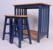 A contemporary pine and tile top kitchen island table together with 2 matching stools ( see
