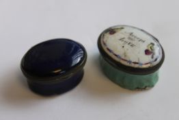 2 19th century ladies ceramic and enamel painted pill boxes both having mirrors inside lids.