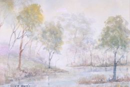 Harris, Cecily - framed and glazed forest and river scene watercolour painting.