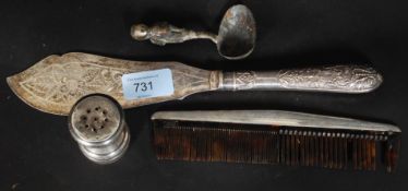 Silver and silver metal items to include a comb holder, serving knife,