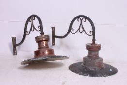 A set of 2 vintage Industrial large Sugg ? Railway Platform Lamps having copper surrounds being set