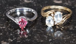 2 9ct gold ladies dress rings to  include white gold  pink stone set together with a twin stone