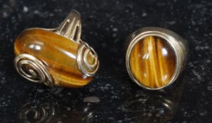 2 9ct / 375 gold ladies Tigers Eye dress rings.