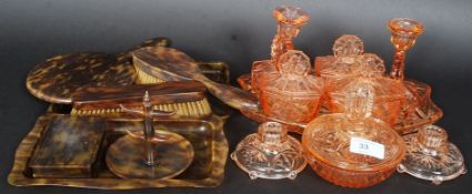 Two vintage dressing table sets, one in glass the other in faux tortoiseshell.