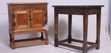 A Jacobean style oak side table together with a similar style small cabinet on stand.