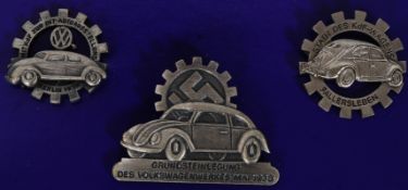Three Third Reich Nazi Volkswagen factory worker badges marked 1938 picturing original Volkswagen ,