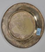 A vintage silver plate tongue dish with raised centre having scrolled leaf work etc.