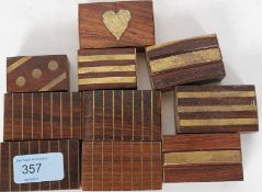 A set of 10x 20th century brass inlaid trinket boxes / snuff boxes,