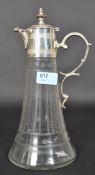 An etched glass and silver plated claret jug H27cm
