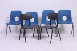 A collection of 6x vintage industrial plastic school chairs (a set of 4x matching,