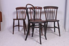 A near set of 3 Victorian beech and elm Windsor kitchen dining chairs raised on turned legs with