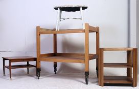 A collection of vintage 20th century furniture to include trolley, pair of retro stacking chairs,